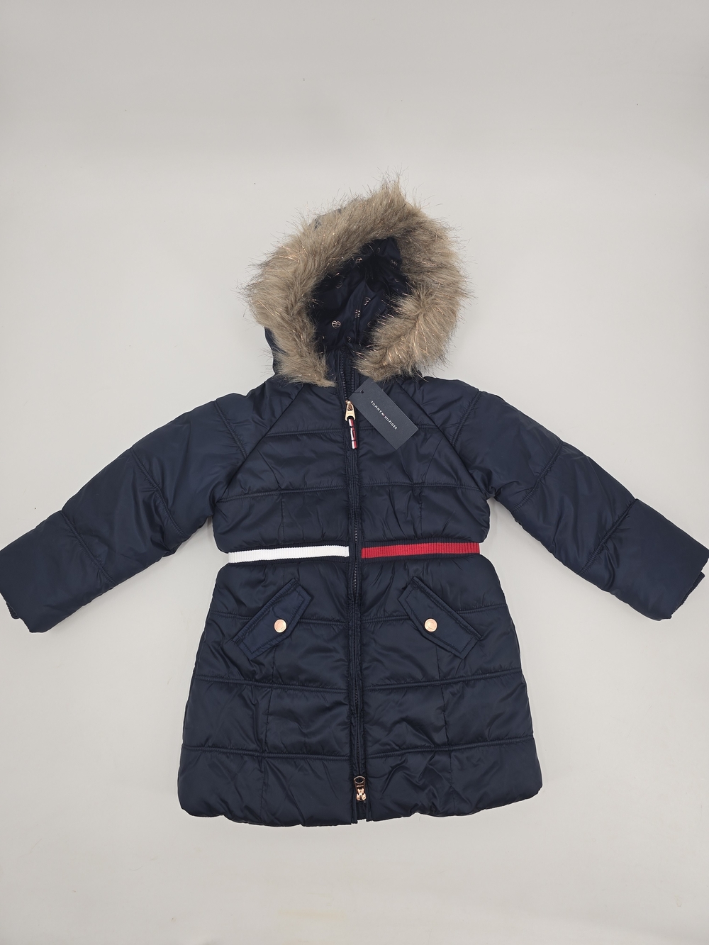 Tommy Hilfiger Girls Long Faux Fur Trim Hooded Puffer Jacket Size 4T NWT